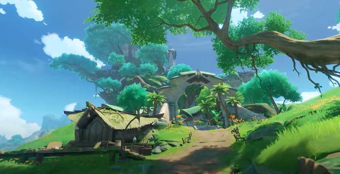 Sumeru is a lush, sun-dappled region with blue skies and fluffy clouds