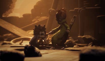 Little Nightmares 3 screenshot showing its two masked child protagonists interacting in a hazy, dilapidated environment.