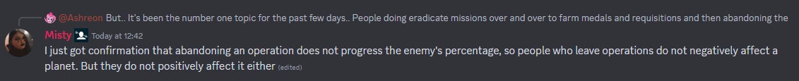 A screenshot of the comment about abandoned ops in the Helldivers 2 Discord server. - 3