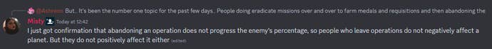 A screenshot of the comment about abandoned ops in the Helldivers 2 Discord server.