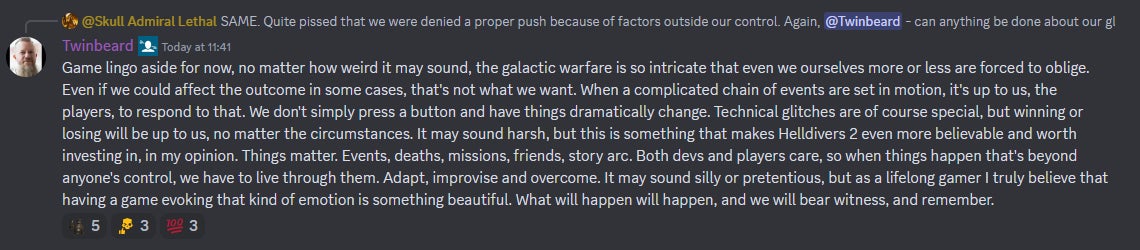 A screenshot of a comment from Twinbeard in the Helldivers 2 Discord server. - 3