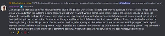 Screenshot of Twinbeard's comments from the Helldivers 2 Discord server.