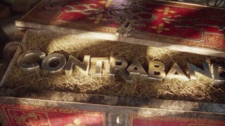 The word "Contraband" sites in a fancy trunk, sitting on straw