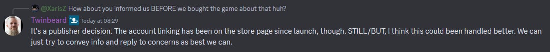 Arrowhead community manager Twinbeard responding to players about the account linking announcement. - 3