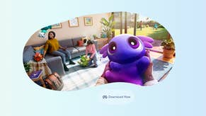 Hello, Dot artwork showing a purple creature while in the background someone wears a VR headset on their sofa.