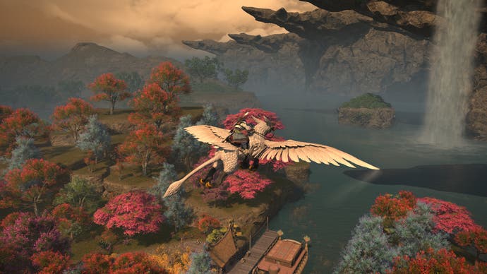 Final Fantasy 14 screenshot of character on griffin flying next to waterfalls