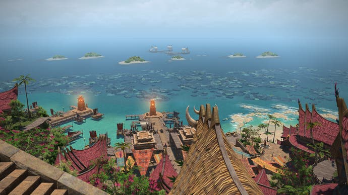 Final Fantasy 14 screenshot of view from city look out over blue ocean