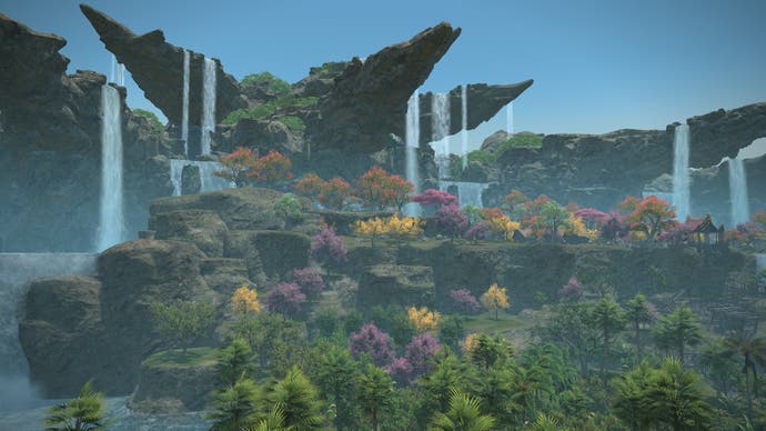 Final Fantasy 14 screenshot showing waterfalls falling into colourful jungle