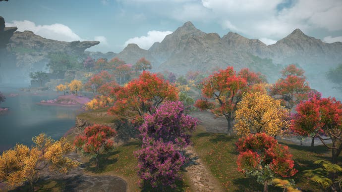 Final Fantasy 14 screenshot showing jungle, mountains and brightly coloured trees