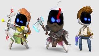 Aloy, Kratos, and Nate Drake-inspired Astro Bots stand in a row