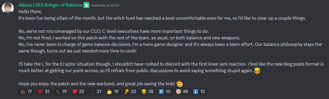 Arrowhead game designer Alexus Kravchenko's post on the Helldivers 2 Discord server. - 3