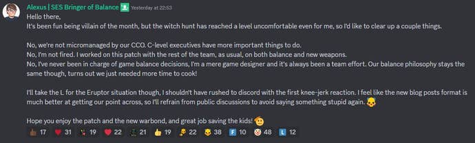 Arrowhead game designer Alexus Kravchenko’s post on the Helldivers 2 Discord server.