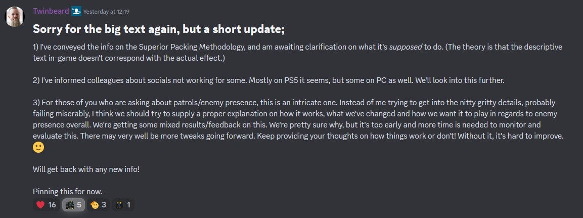 Twinbeard's post in the Helldivers 2 Discord server. - 3