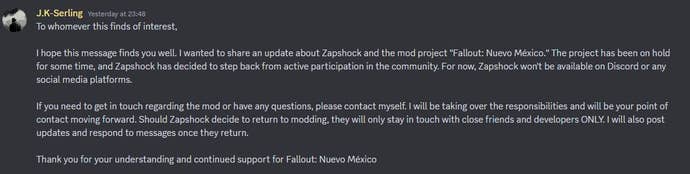 The statement on Fallout Nuevo Mexico's Discord server confirming that it's on hold.