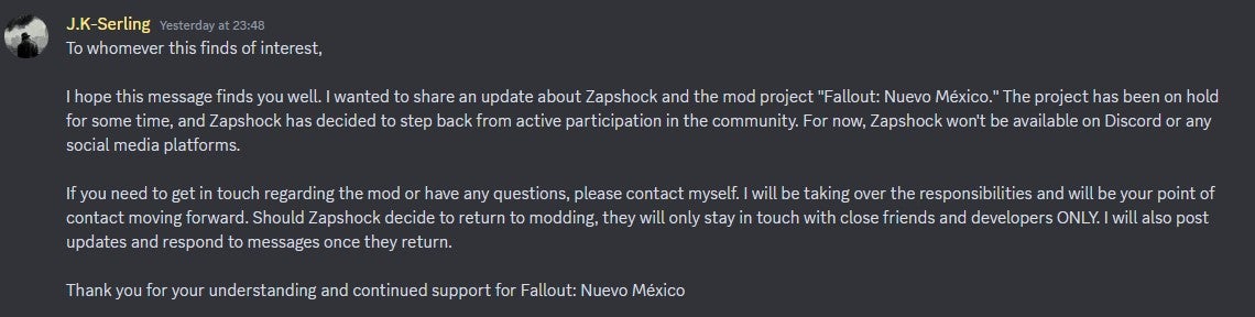 The statement on Fallout Nuevo Mexico's Discord server confirming that it's on hold. - 3