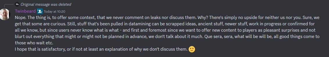 Arrowhead community manager Twinbeard's comment on the Helldivers 2 Discord server. - 3