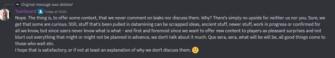 Arrowhead community manager Twinbeard's comment on the Helldivers 2 Discord server.