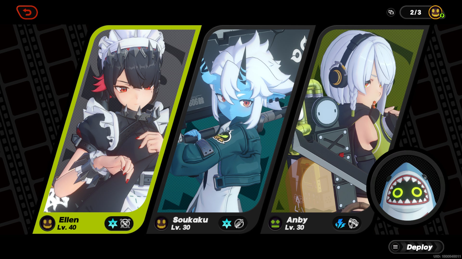 A team composition for Ellen, consisting of Soukaku, Anby, and Sharkboo is shown in Zenless Zone Zero - 3