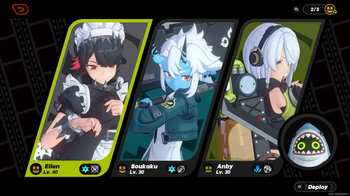 A team composition for Ellen, consisting of Soukaku, Anby, and Sharkboo is shown in Zenless Zone Zero