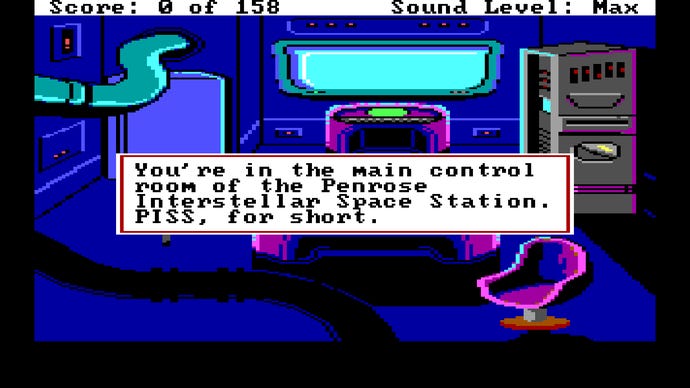 A screenshot from the opening of Tachyon Dreams Anthology. The text reads: “You’re in the main control room of the Penrose Interstellar Space Station. PISS, for short."