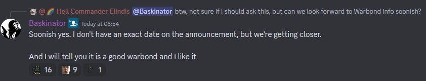 A screenshot of Helldivers 2 community manager Baskinator's Discord comment about warbond info. - 3