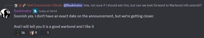 A screenshot of Helldivers 2 community manager Baskinator’s Discord comment about warbond info.