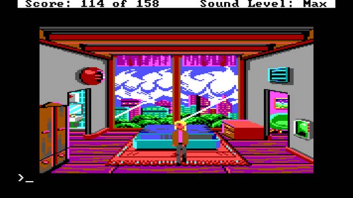 Dodger stands in a colourful bedroom in Tachyon Dreams Anthology. There’s a large window overlooking a cloud-covered cityspace behind him.