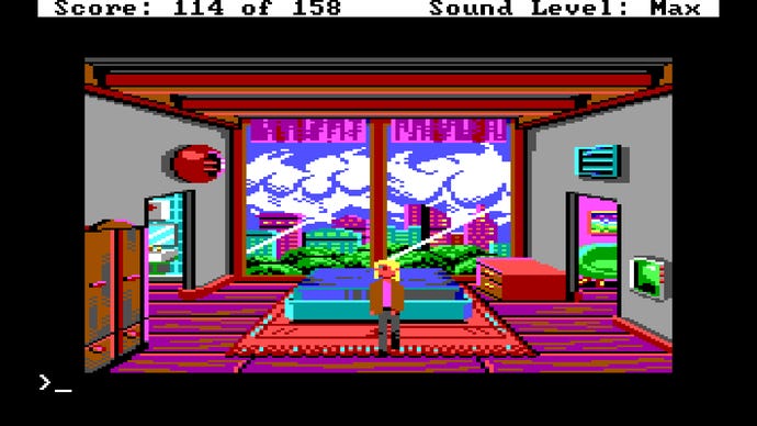 Dodger stands in a colourful bedroom in Tachyon Dreams Anthology. There’s a large window overlooking a cloud-covered cityspace behind him.