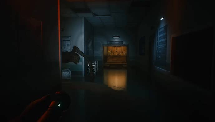 A screenshot from A Quiet Place The Road Ahead. A monster sticks its head out from a corridor to the left of the character.