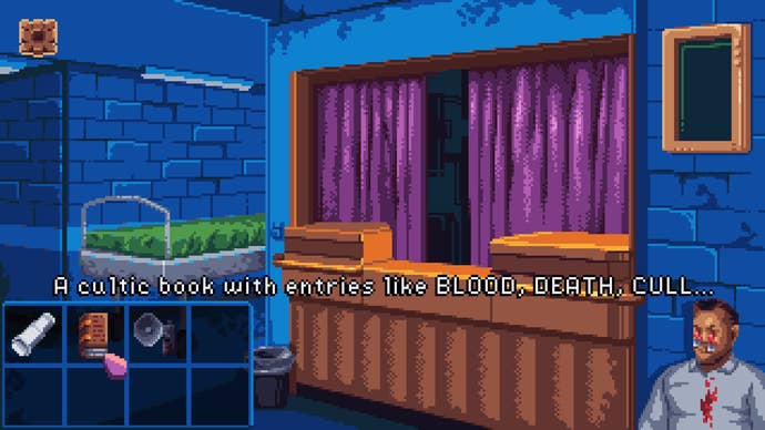 In the waiting room of a hospital in Devil’s Hideout. The corpse of a man with his eyes gouged out lies on the ground.