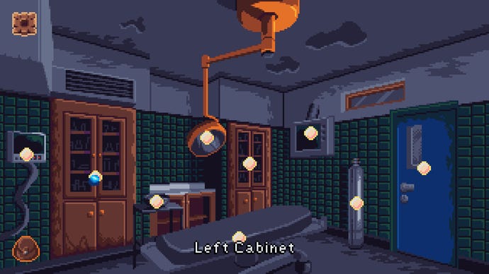 A glimpse of a hospital room in Devil’s Hideout. All interactable objects have a little icon over them.