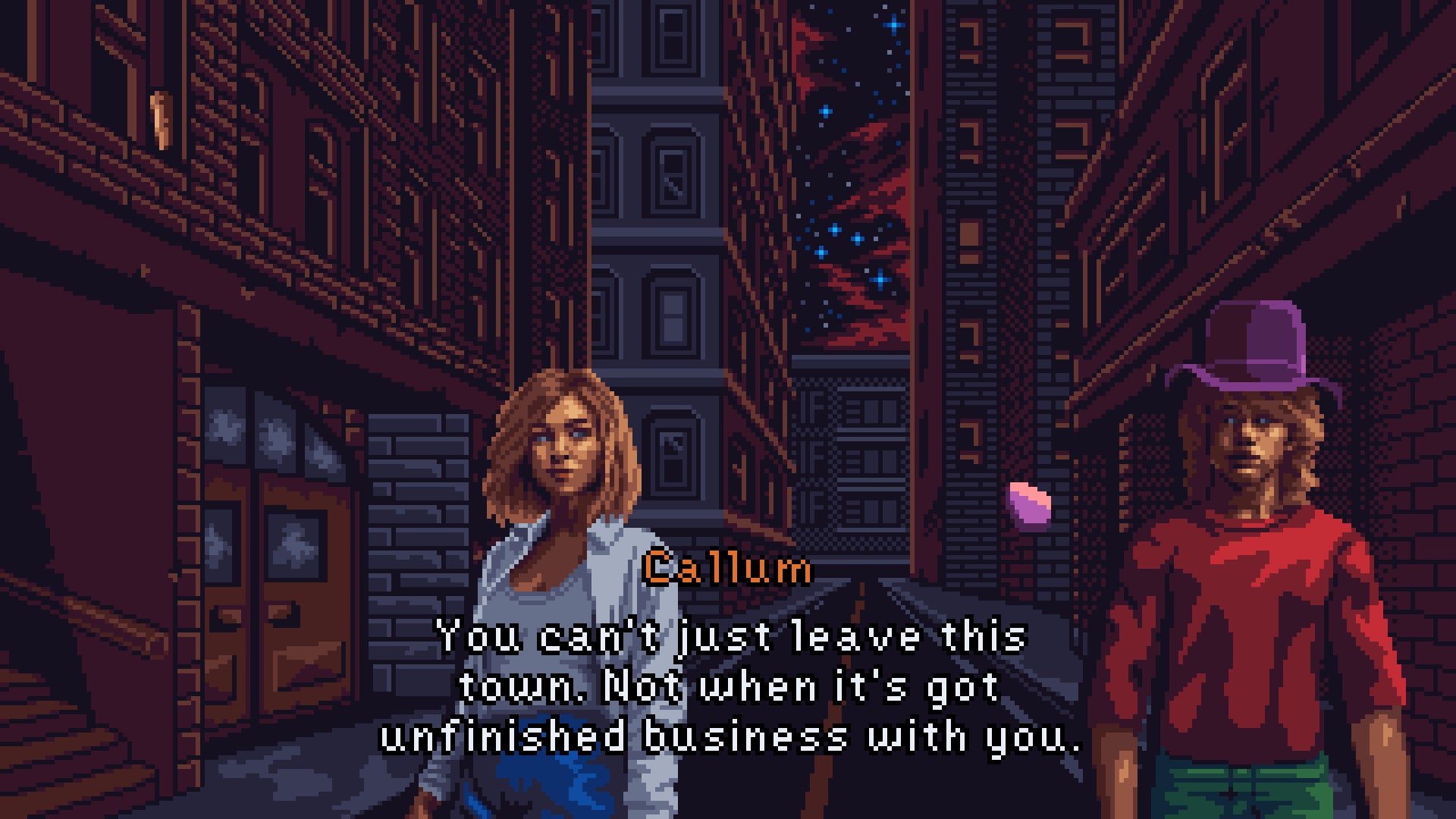 Lauren talks with a guy named Callum about the weird nature of the unnamed city that is the setting of Devil's Hideout. - 3