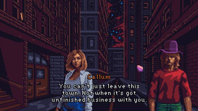 Lauren talks with a guy named Callum about the weird nature of the unnamed city that is the setting of Devil’s Hideout.