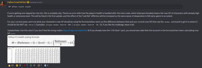 A post about Fallout: London's train wreck HP bug on Discord.