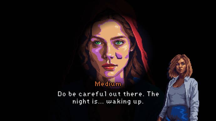 Chatting with a medium in Devil’s Hideout who warns the player that the night is “waking up."