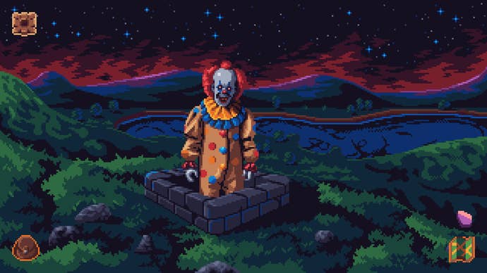 A creepy clown who resembles Pennywise stands out of a hole in the ground in Devil’s Hideout.