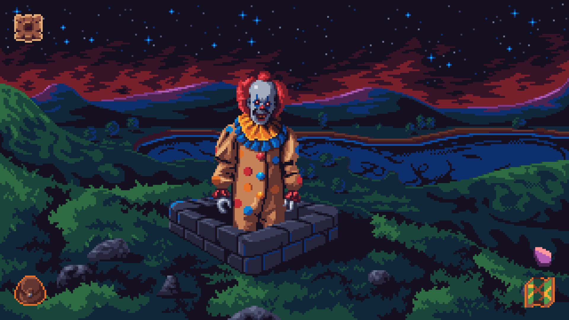 A creepy clown who resembles Pennywise stands out of a hole in the ground in Devil's Hideout. - 1