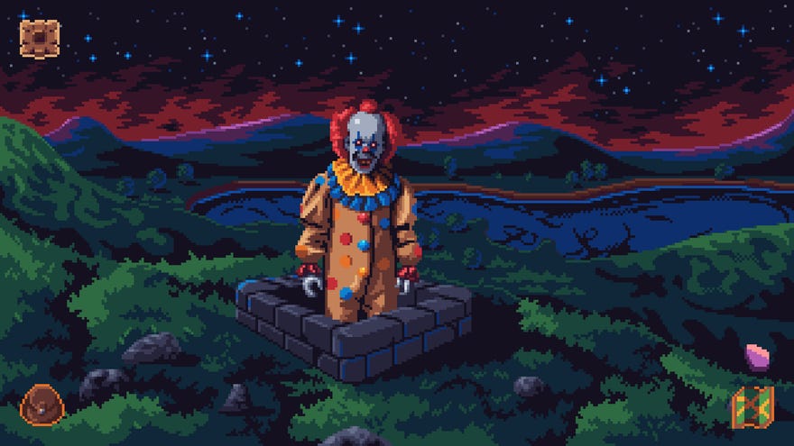 A creepy clown who resembles Pennywise stands out of a hole in the ground in Devil’s Hideout.