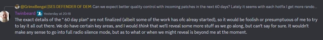 Twinbeard's comment in the Helldivers 2 Discord server. - 3