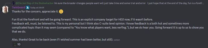 One of Twinbeard’s comments in the Helldivers 2 Discord server.