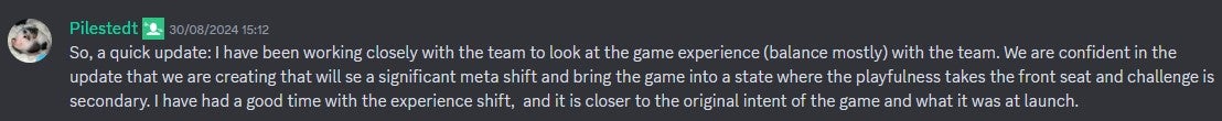 Pilestedt posting about the upcoming Helldivers 2 balancing update on Discord. - 3