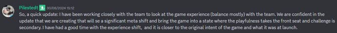 Pilestedt posting about the upcoming Helldivers 2 balancing update on Discord.
