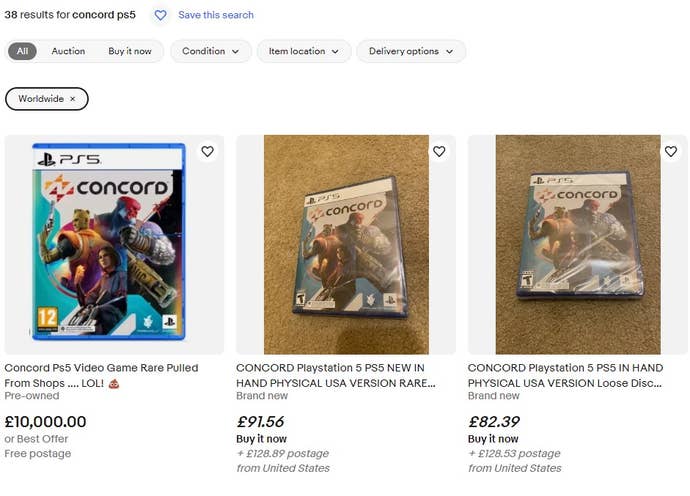 A screenshot of scalpers selling PS5 copies of Concord on Ebay.