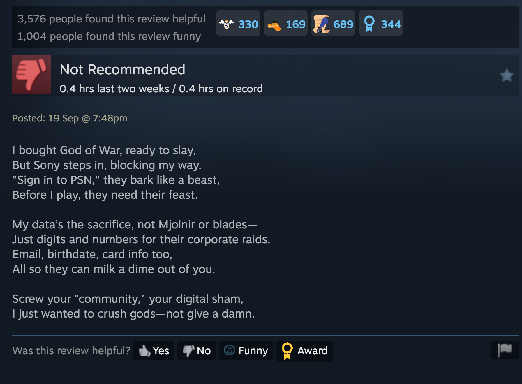 Steam review: &ldquo;I bought God of War, ready to slay / But Sony steps in, blocking my way / &ldquo;Sign in to PSN,&rdquo; they bark like a beast / Before I play, they need their feast / My data’s the sacrifice, not Mjolnir or blades— / Just digits and numbers for their corporate raids. / Email, birthdate, card info too / All so they can milk a dime out of you. / Screw your &ldquo;community,&rdquo; your digital sham / I just wanted to crush gods—not give a damn