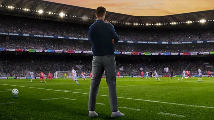 FM25 key art showing a manager on the touchline facing the pitch.