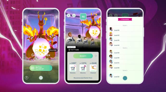 Pokémon Go Gigantamax battle screens.