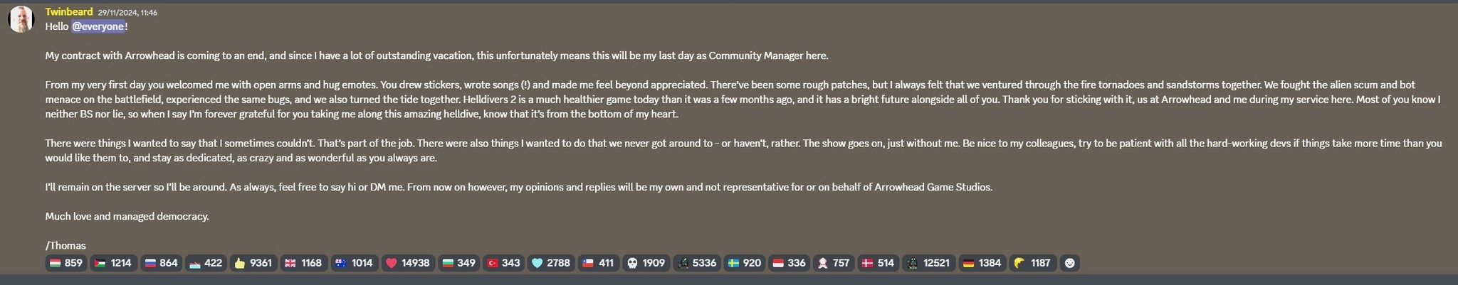 Twinbeard's announcement of leaving on the Helldivers 2 Discord server. - 3