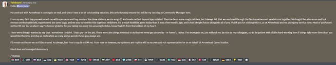 Twinbeard’s announcement of leaving on the Helldivers 2 Discord server.