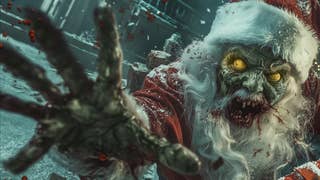 A zombie Santa with six hands jeers at the camera.
