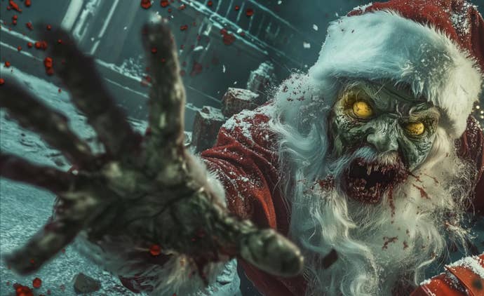 A zombie Santa with six hands jeers at the camera.